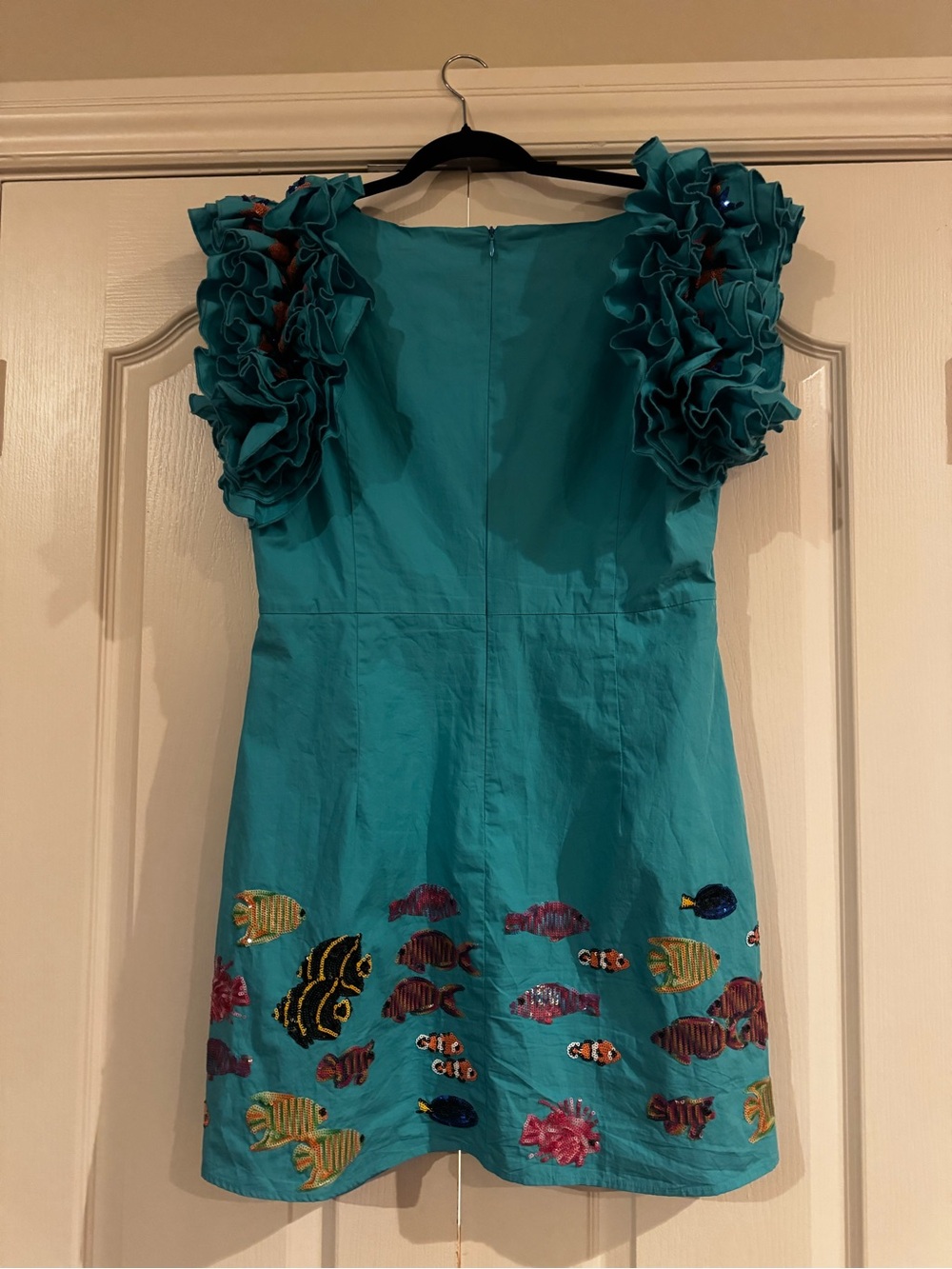 QUEEN OF SPARKLES Teal Midi Dress with Ruffled Sleeves & Embroidered Fish - Picture 2 of 4